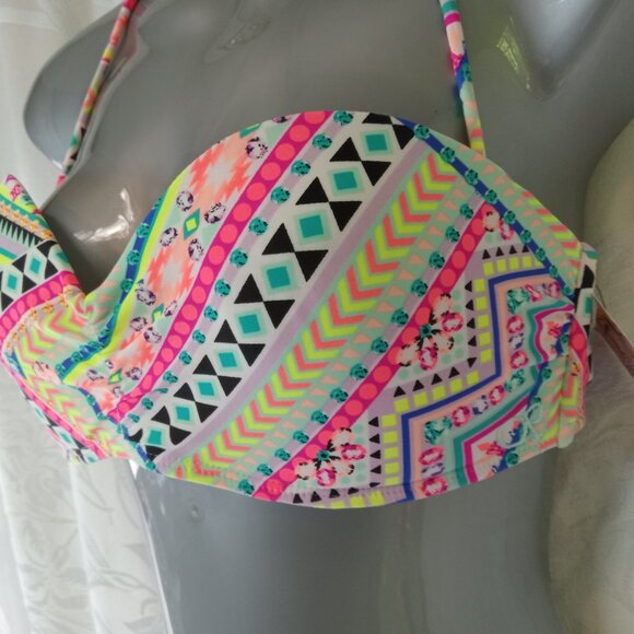 Op Swim Size 7-9 Medium Bikini Top Bandeau Striped String Halter Beach Neon - Picture 6 of 16